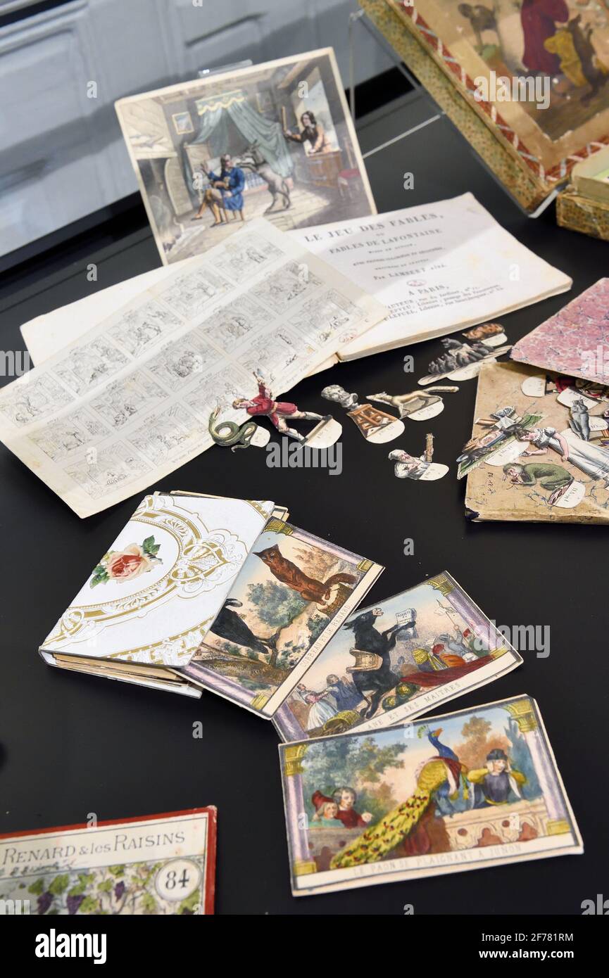 Frankreich, Aisne, Château-Thierry, Jean de La Fontaine Museum - Stadt von Chateau-Thierry, Spiele aus dem 19. Jahrhundert, Produkte aus den Fabeln von La Fontaine Stockfoto