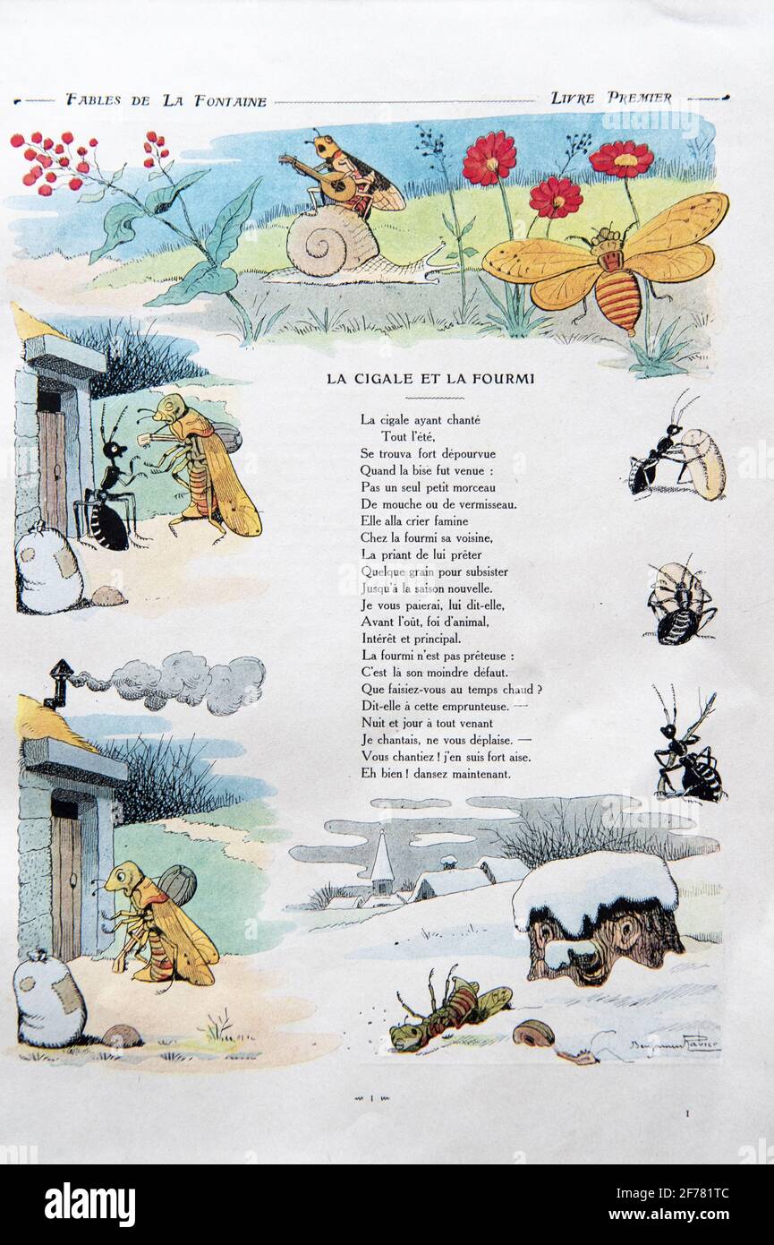 France, Aisne, Château-Thierry, Jean de La Fontaine Museum - City of Chateau-Thierry, La Fontaine's Fables Book Illustrated by Benjamin Rabier, Edition Jules Tallandier, 1906, in-Folio, The Ant and the Grasshopper Fable I from book I Stockfoto