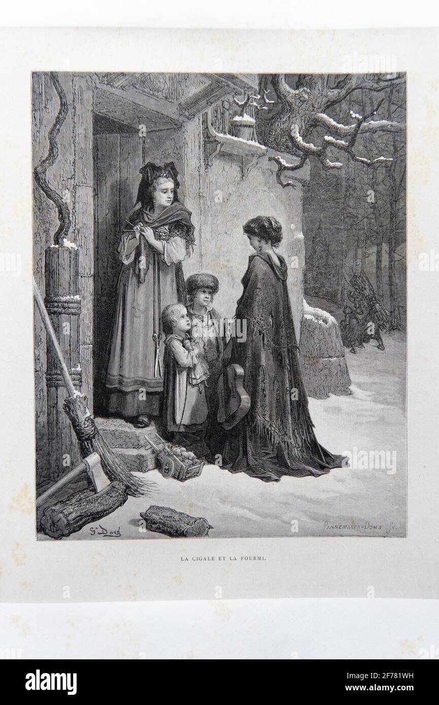 Frankreich, Aisne, Château-Thierry, Jean de La Fontaine Museum - Stadt von Chateau-Thierry, La Fontaine's Fables Buch, L. Hachette et Cie, illustrierte Ausgabe (1867) des Designers und Kupferstechers Gustave Doré, die Ameise und die Grasshopper-Fabel I aus Buch I Stockfoto