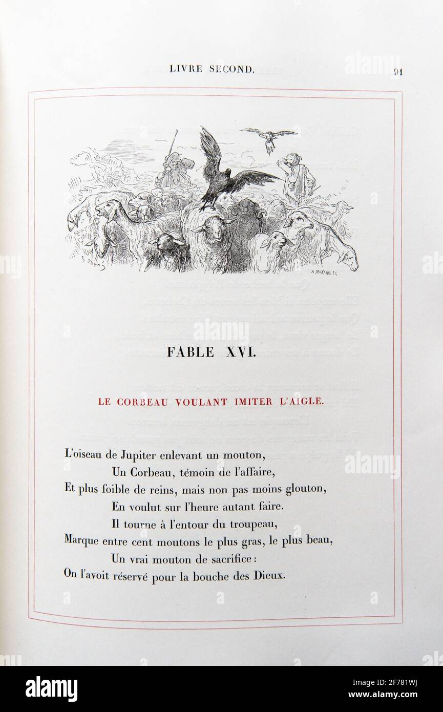 Frankreich, Aisne, Château-Thierry, Jean de La Fontaine Museum - Stadt von Chateau-Thierry, La Fontaine's Fables Buch, L. Hachette et Cie, illustrierte Ausgabe (1867) des Designers und Kupferstechers Gustave Doré, der Rabe, der die Adlerfabel XVI aus Buch II nachahmen möchte Stockfoto
