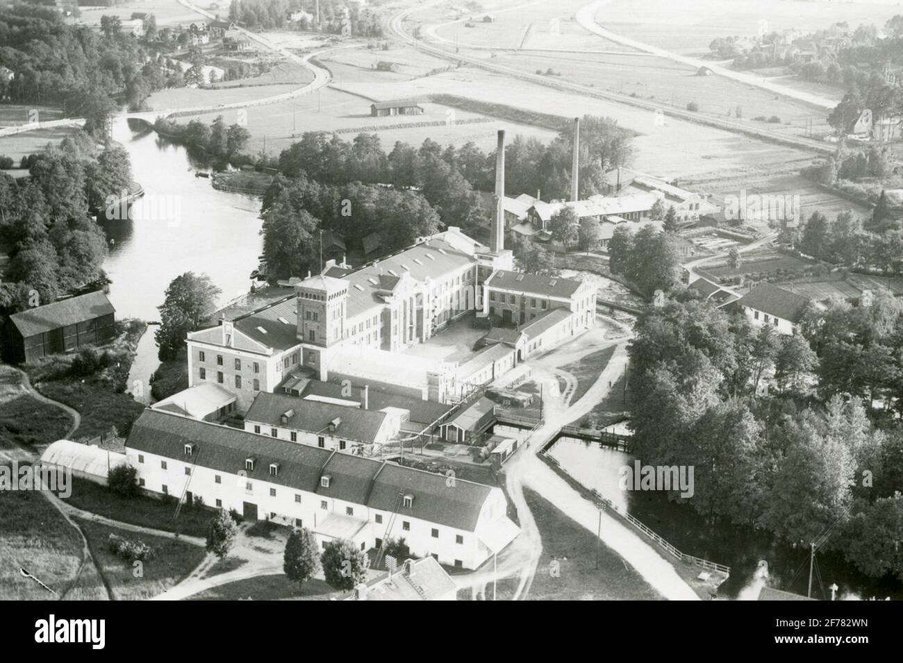Luftaufnahmen über Gefle Manufaktur und Strömsbro Gävle, Gästrikland, 1938. Stockfoto
