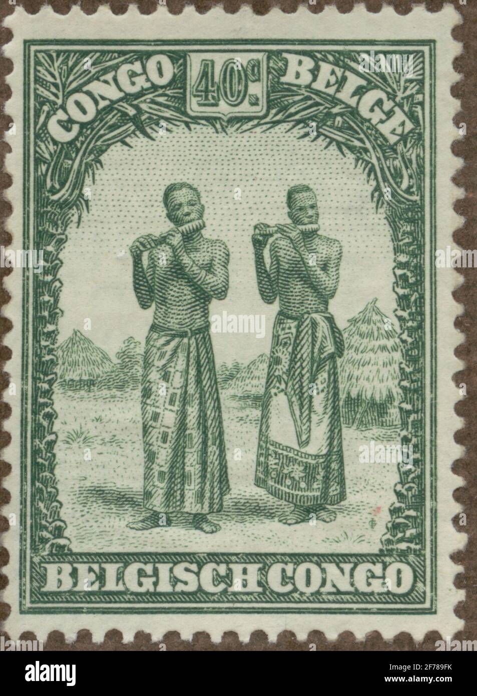 Briefmarke der Gösta Bodman's Philatelist Association, begann 1950.die Briefmarke aus dem belgischen Kongo, 1931. Musik Männer aus Batela, Kongo. Stockfoto