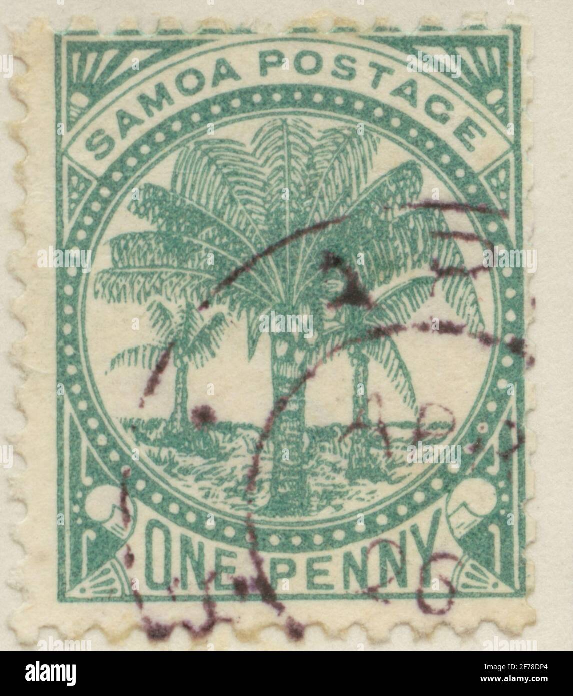 Die Briefmarke der philatelistischen Motivsammlung von Gösta Bodman begann 1950, die Briefmarke von den Samoa-Inseln, 1887. Motive von Kokospalmen. Stockfoto