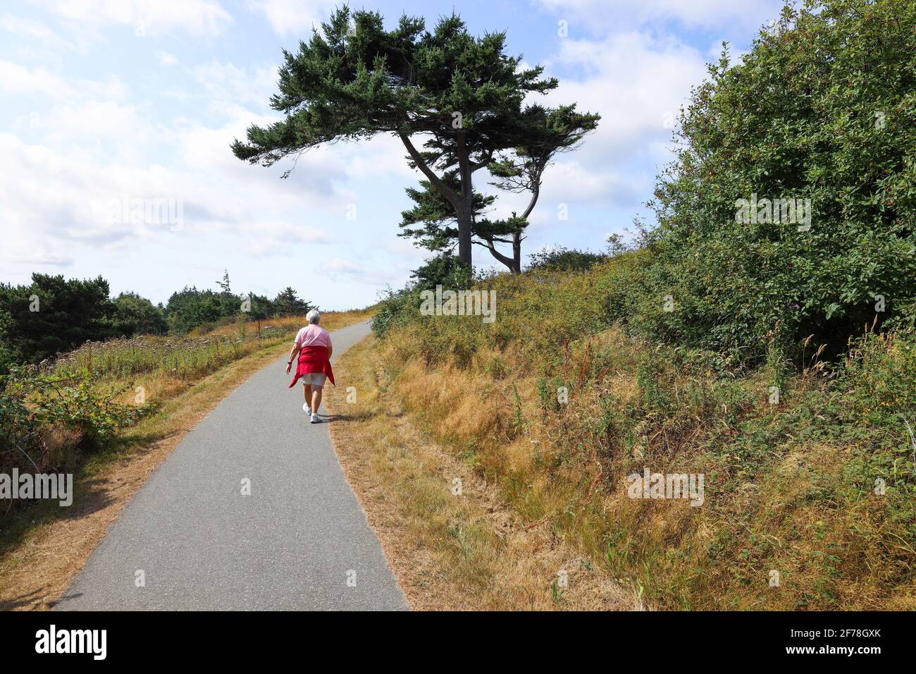 Frau, die auf einem Wanderweg am Meer entlang geht, im Cliffside FamCamp, NAS Whidbey Island, Oak Harbor, WA Stockfoto