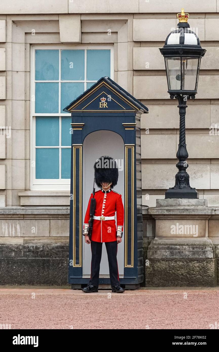 Wachtwache der Grenadier-Garde vor dem Buckingham Palace in London England Vereinigtes Königreich Großbritannien Stockfoto