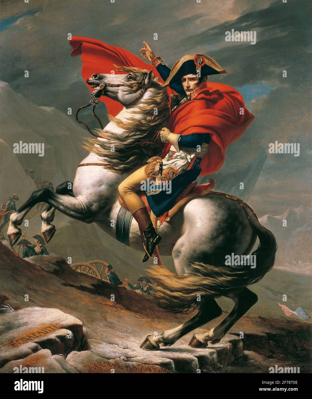 Bonaparte beim Überqueren des Grand-Saint-Bernard ist ein Reiterporträt von Napoleon Bonaparte, damals erster Konsul, produziert von Jacques-Louis David Between Stockfoto