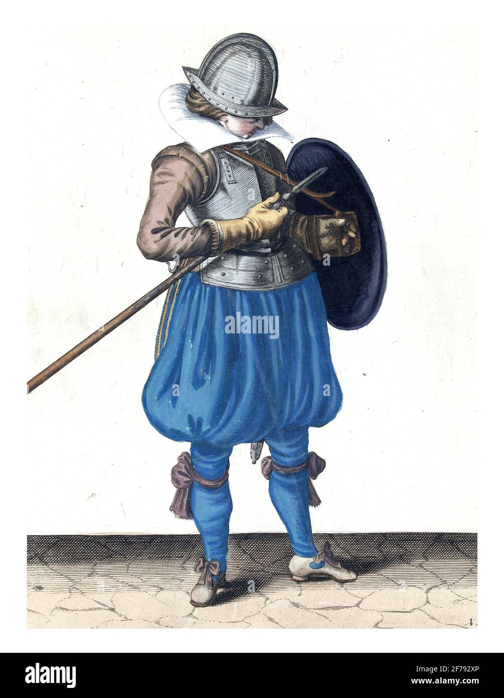 Die Übung mit Schild und Speer: Der Soldat hält Speer und Schild dicht am Körper, Vintage-Gravur. Stockfoto