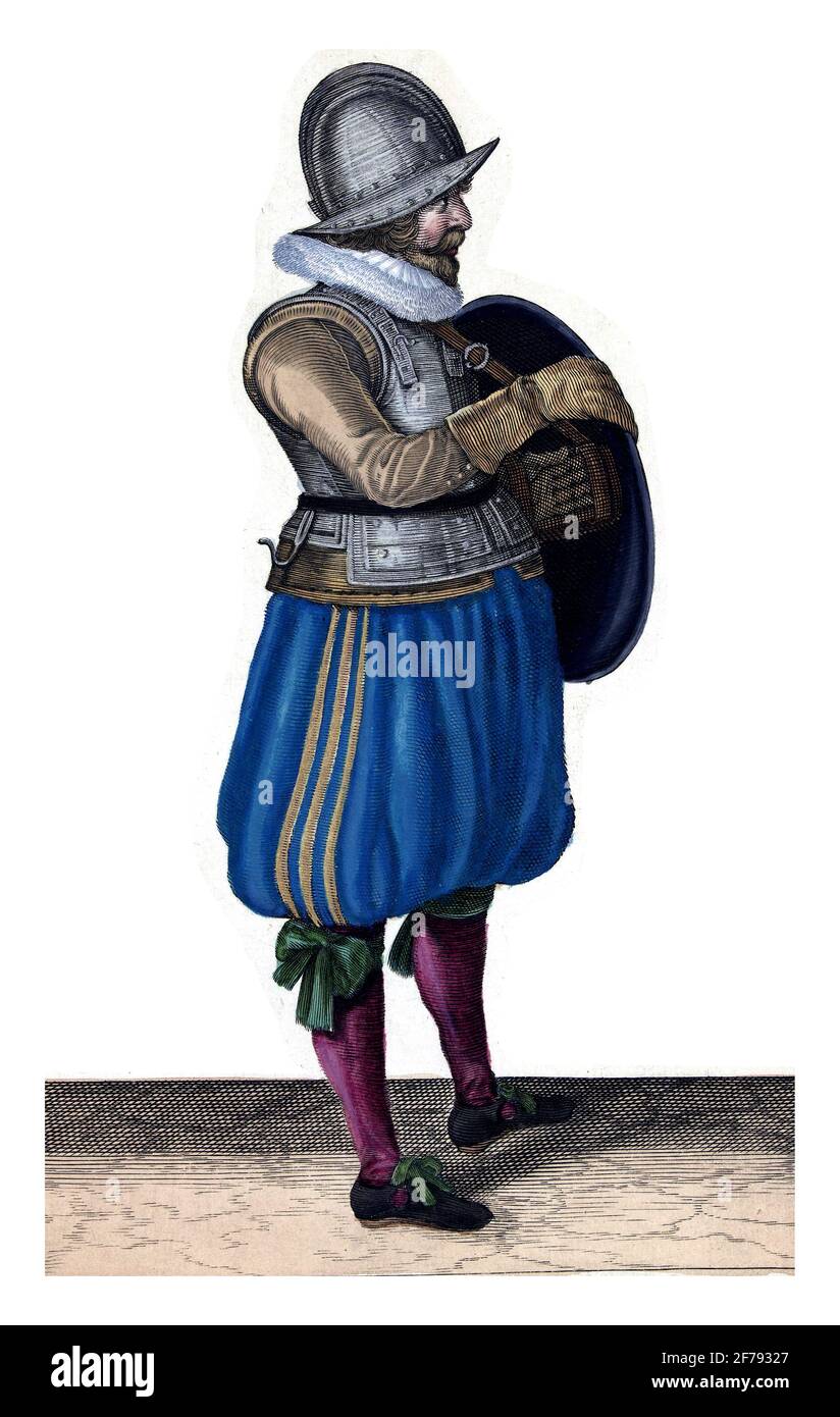 Die Übung mit Schild und Speer: Der Soldat zieht seinen Arm aus dem Gürtel des Schildschildes, Vintage-Gravur. Stockfoto