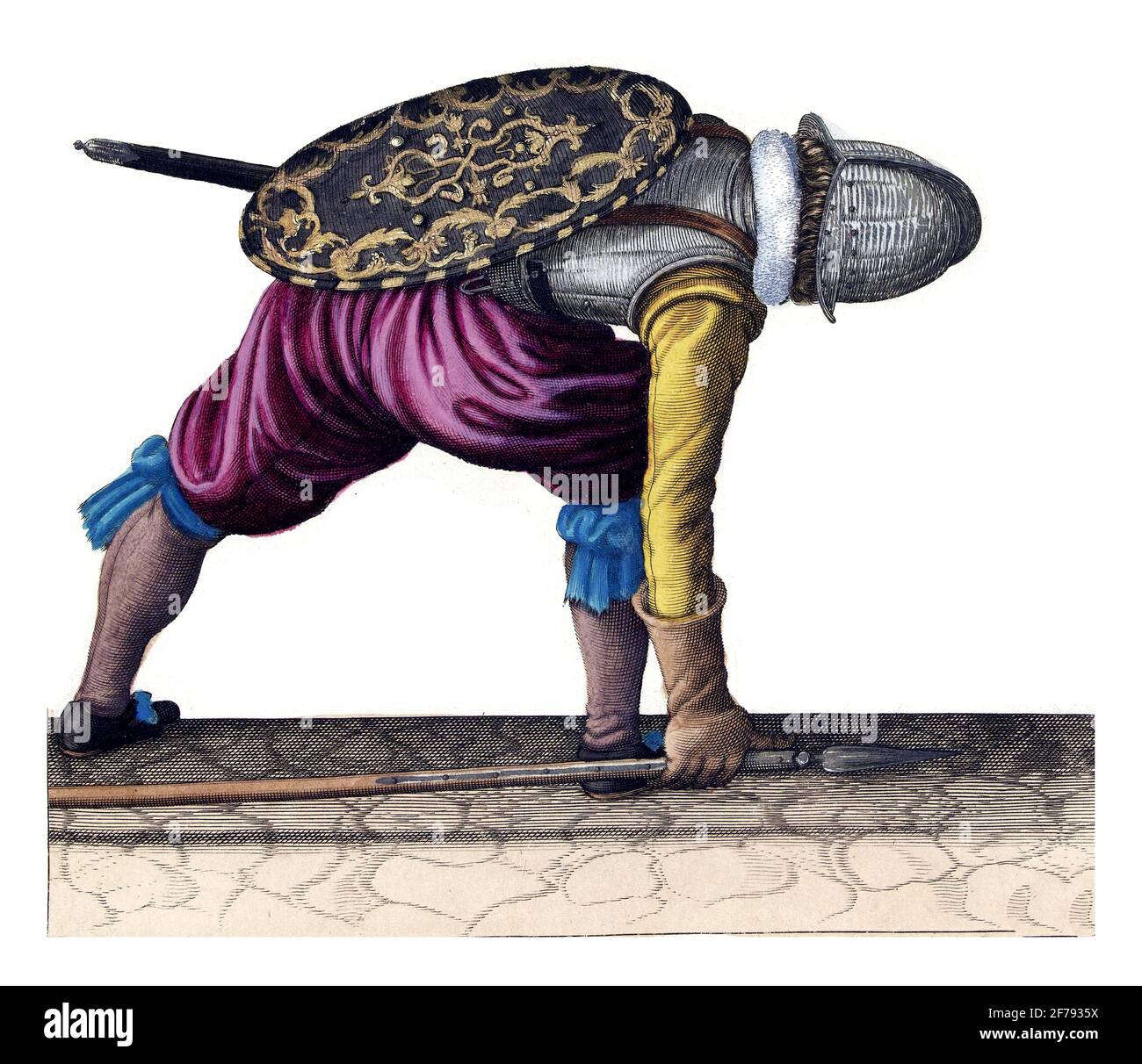 Die Übung mit Schild und Speer: Der Soldat beugt sich, um den Speer zu holen, Vintage-Gravur. Stockfoto