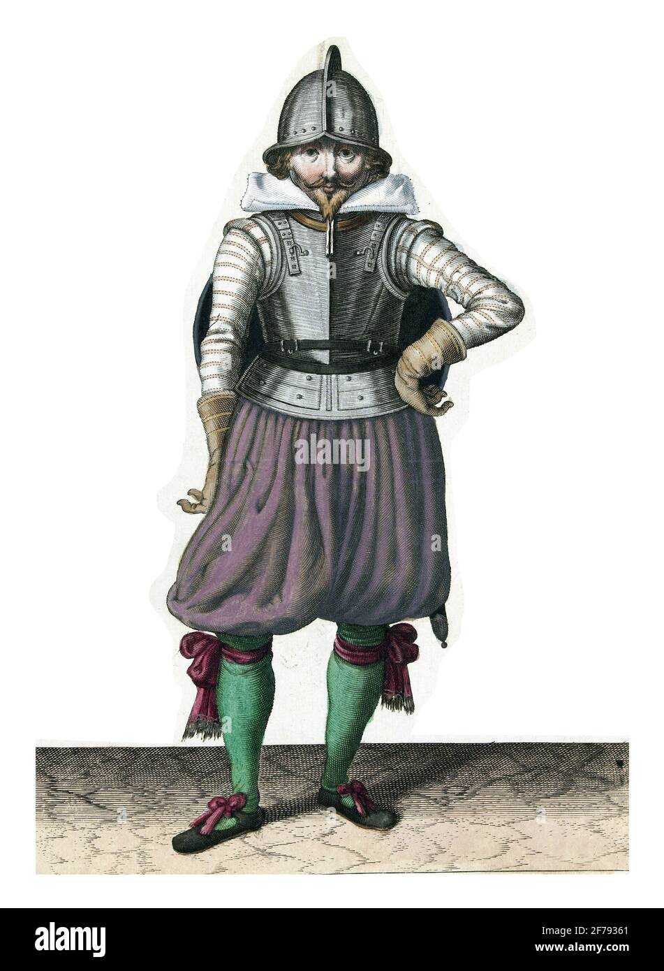 Die Übung mit Schild und Speer: Der Soldat steht in Ruhe mit dem Schild auf dem Teppich, Vintage-Gravur. Stockfoto