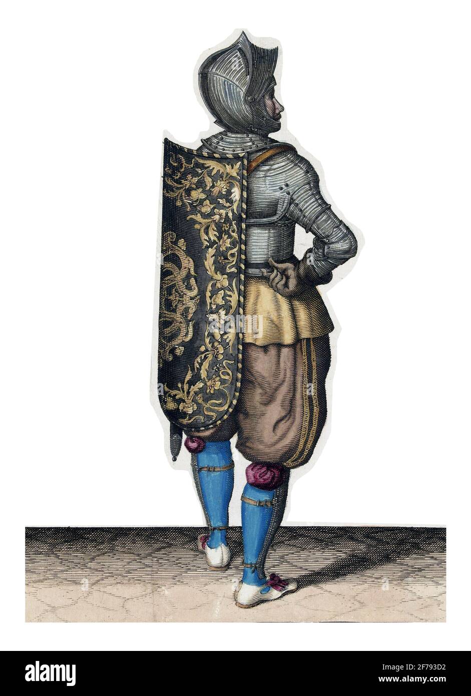 Die Übung mit Targe und Rapier: Der Soldat hängt die Targe auf den Rücken, 1618, Vintage-Gravur. Stockfoto