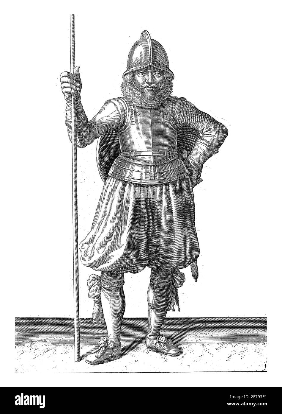 Die Übung mit Schild und Speer: Der Soldat steht in Ruhe nach der Übung mit dem Spieß in der Hand und dem Schild auf dem Rücken, vintage engr Stockfoto