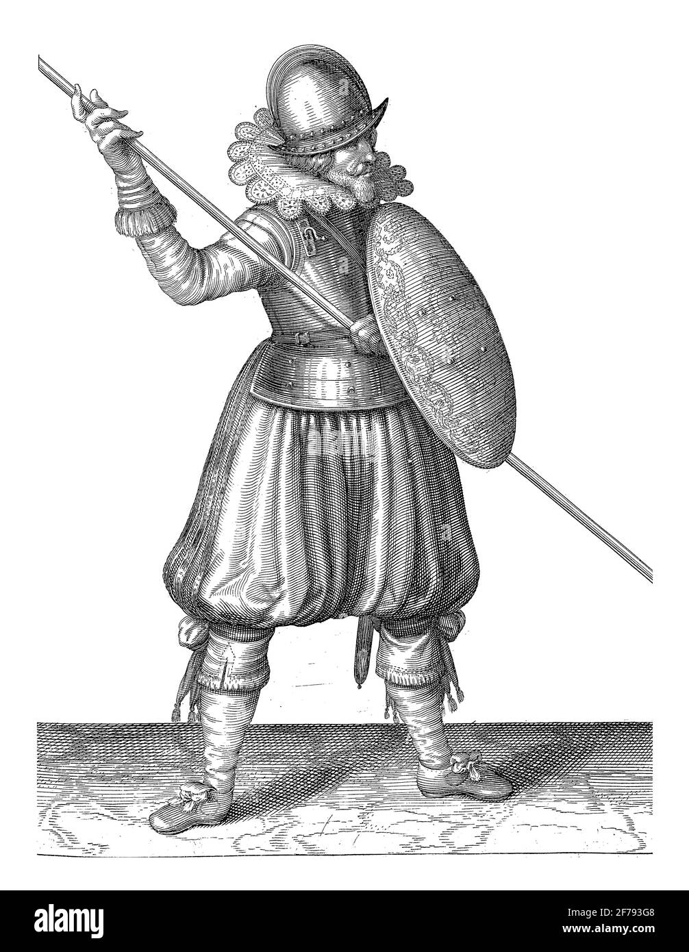 Die Übung mit Schild und Speer: Der Soldat bringt den Speer dreimal in die richtige Position, ersten Satz, Vintage-Gravur. Stockfoto