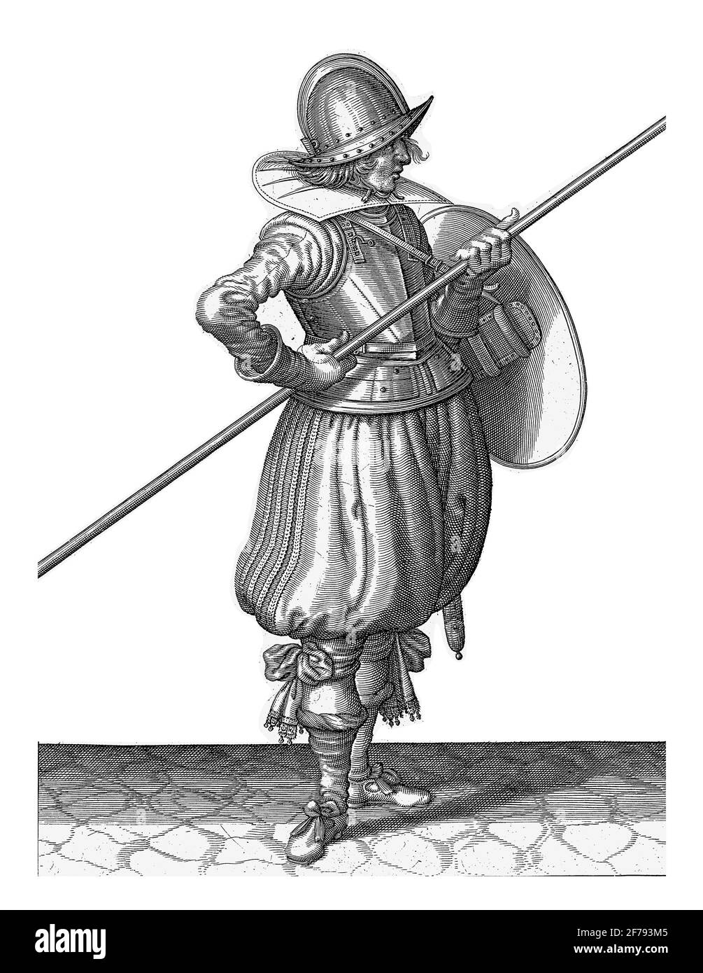 Die Übung mit Schild und Speer: Der Soldat bringt zwei während des Speers in Position zum Schleppen, ersten Satz, Vintage-Gravur. Stockfoto