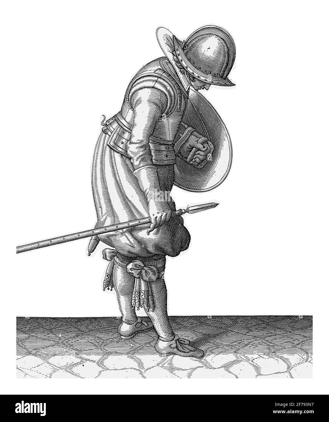 Die Übung mit Schild und Speer: Der Soldat legt den Speer neben seinen rechten Fuß auf den Boden, Vintage-Gravur. Stockfoto