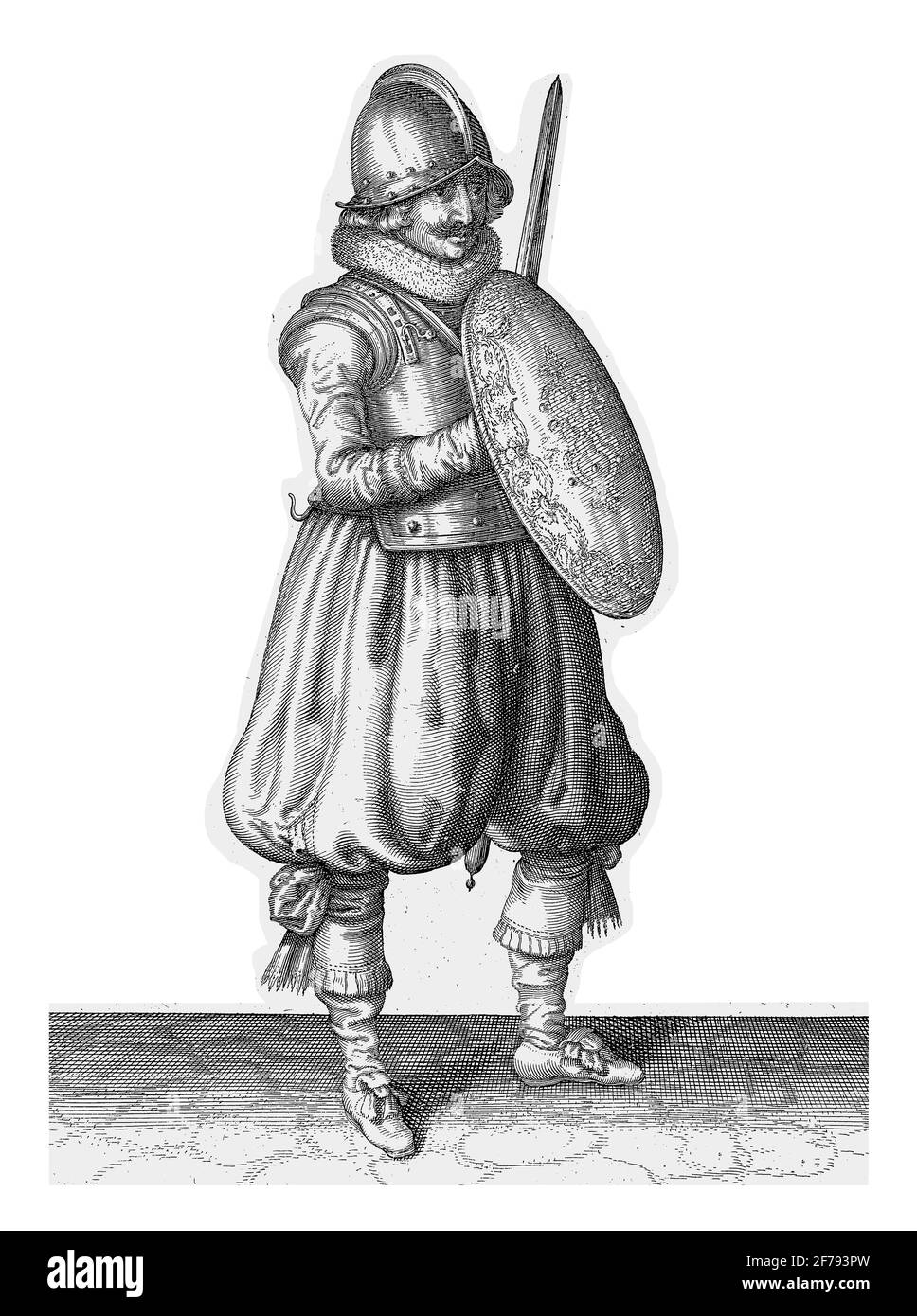 Die Übung mit Schild und Spitze: Der Soldat in Pose mit seinem Rapier und Schild für die Brust, Vintage-Gravur. Stockfoto