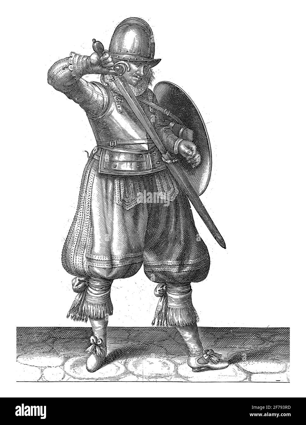 Die Übung mit Schild und Speer: Der Soldat legt seinen Rapier zurück in die Scheide, Vintage-Gravur. Stockfoto