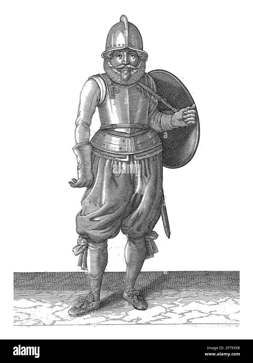 Die Übung mit Schild und Speer: Der Soldat bringt seinen Schild mit seinem linken Arm zurück auf den Rücken, Vintage-Gravur. Stockfoto