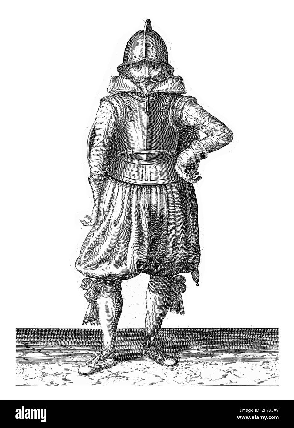 Die Übung mit Schild und Speer: Der Soldat steht in Ruhe mit dem Schild auf dem Teppich, Vintage-Gravur. Stockfoto