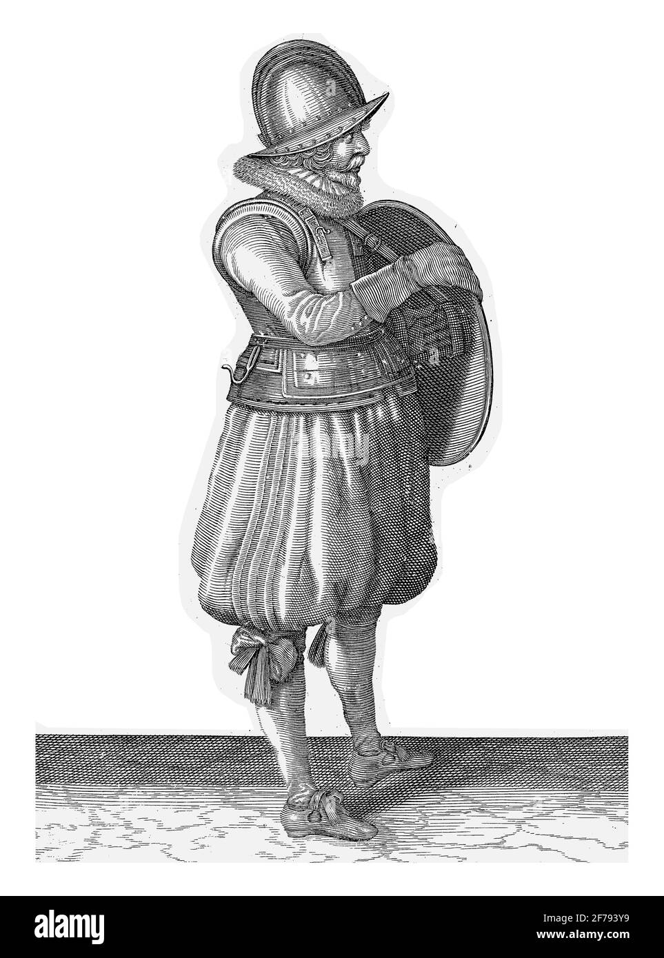 Die Übung mit Schild und Speer: Der Soldat zieht seinen Arm aus dem Gürtel des Schildschildes, Vintage-Gravur. Stockfoto