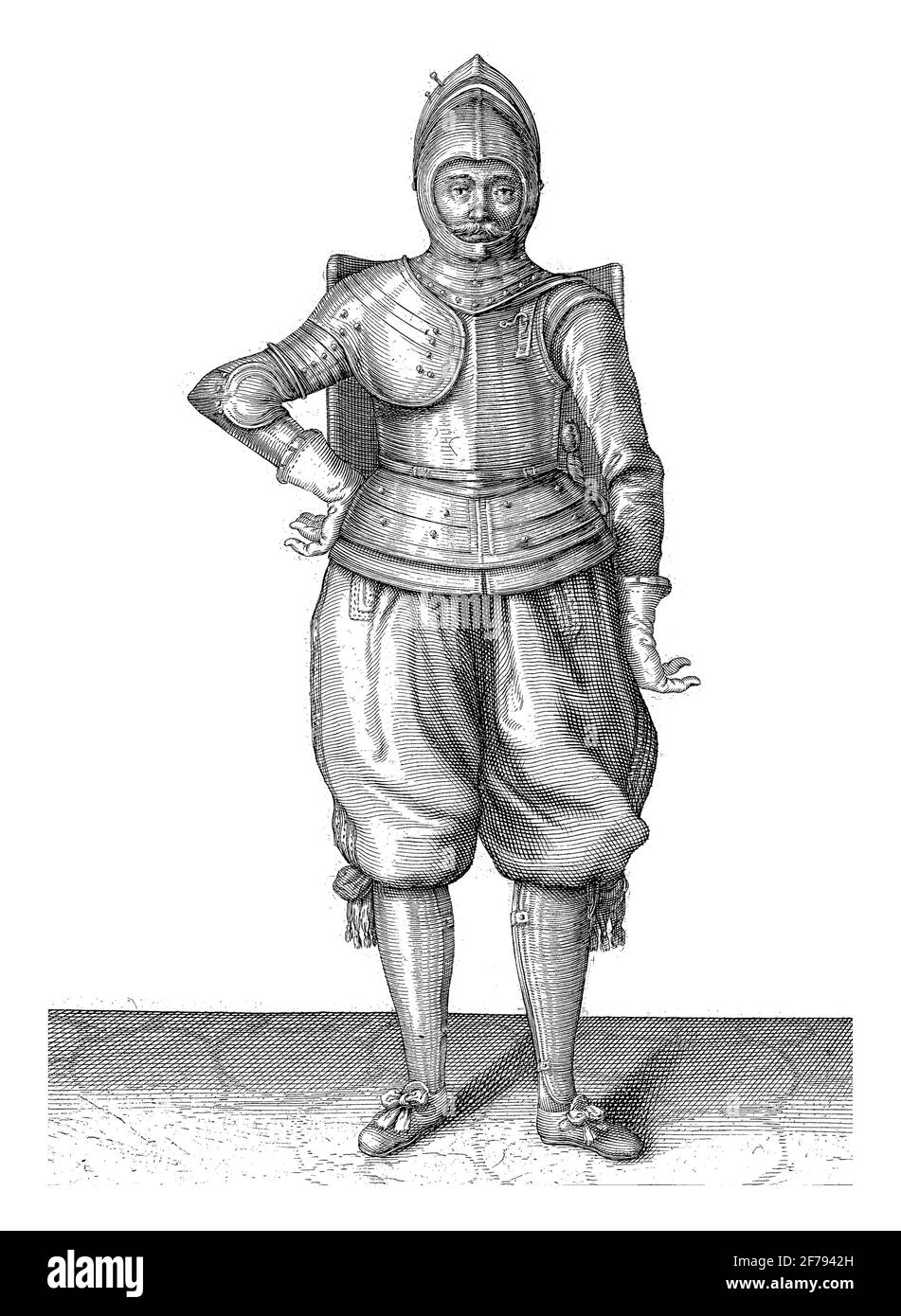 Die Übung mit Targe und Rapier: Der Soldat in Ruhe mit Targe auf dem Teppich, 1618, Vintage-Gravur. Stockfoto