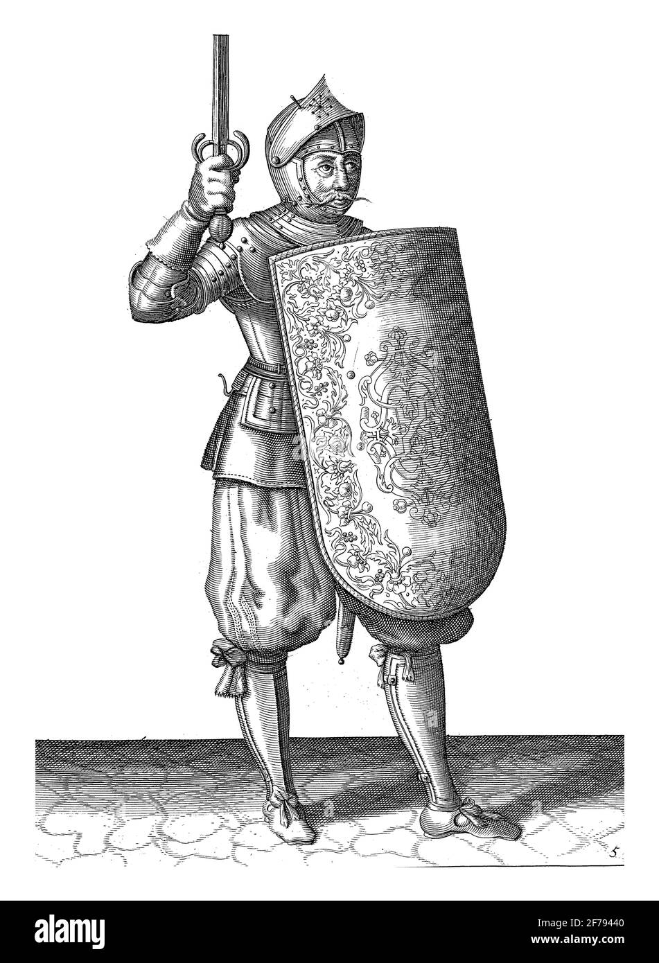 Die Übung mit dem Targe und Rapier: Der Soldat hält den gezogenen Rapier nicht höher als sein Gesicht, 1618, Vintage-Gravur. Stockfoto