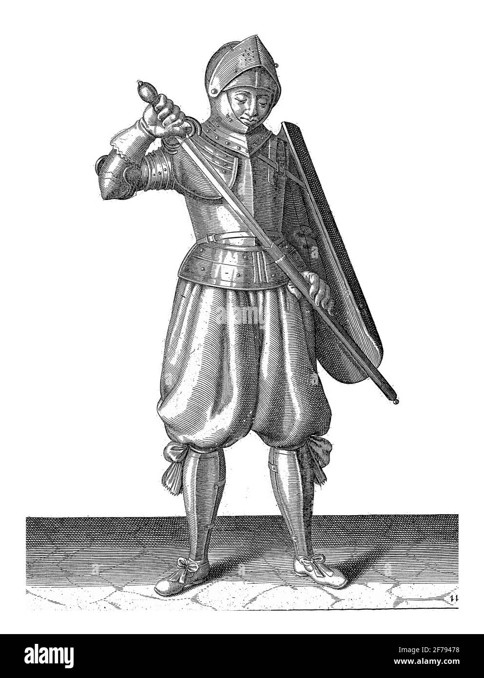 Die Übung mit dem Targe und Vergewaltiger: Der Soldat legt seinen Vergewaltiger zurück in die Scheide, 1618, Vintage-Gravur. Stockfoto