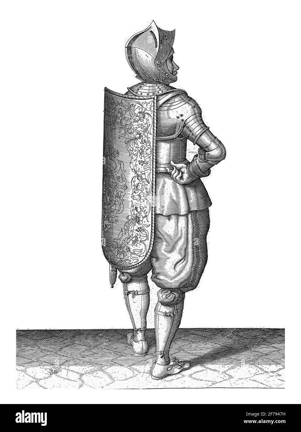 Die Übung mit Targe und Rapier: Der Soldat hängt die Targe auf den Rücken, 1618, Vintage-Gravur. Stockfoto