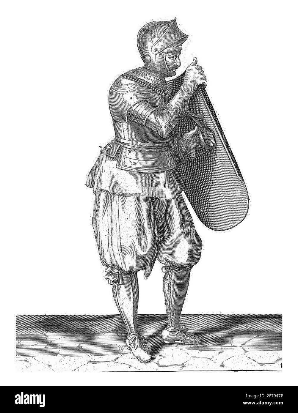 Die Übung mit Targe und Rapier: Der Soldat löst seine Hand vom Gürtel der Targe, 1618, Vintage-Gravur. Stockfoto