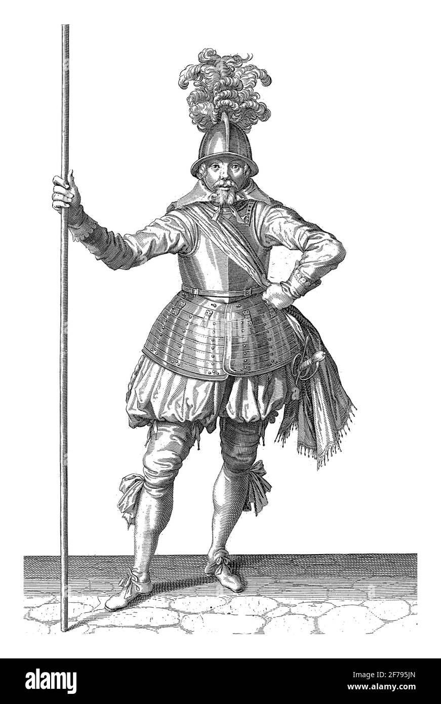 Ein Soldat, Füße, hält einen Spieß (Lanze) aufrecht mit seiner rechten Hand (Nr. 1), c. 1600. Platte 1 in der Anleitung zum Umgang mit dem Spieß, Jahrgang e Stockfoto