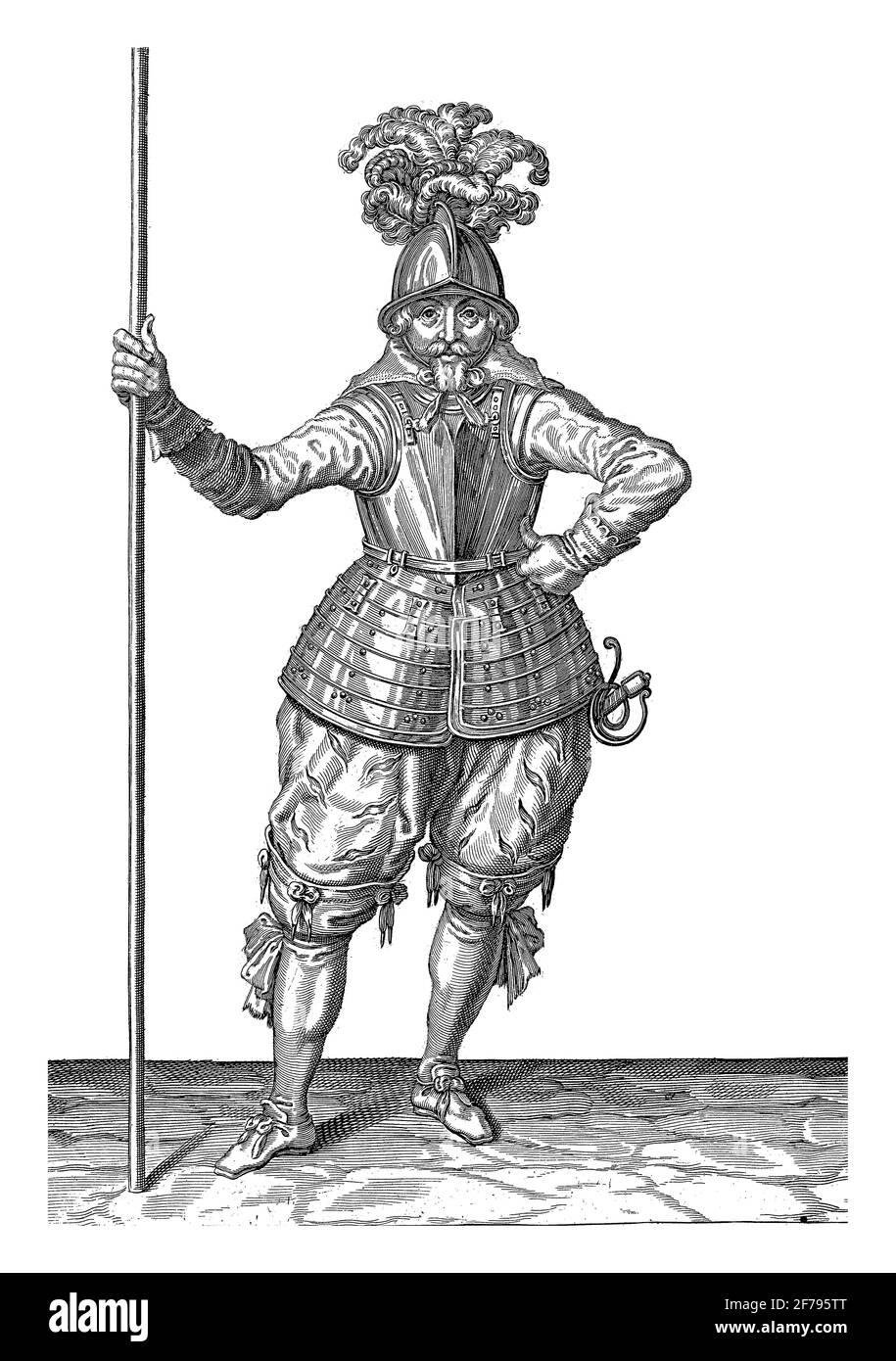 Ein Soldat, Füße, hält einen Spieß (Lanze) aufrecht mit seiner rechten Hand (Nr. 17), c. 1600. Platte 17 in der Anleitung zum Umgang mit dem Spieß, Jahrgang Stockfoto