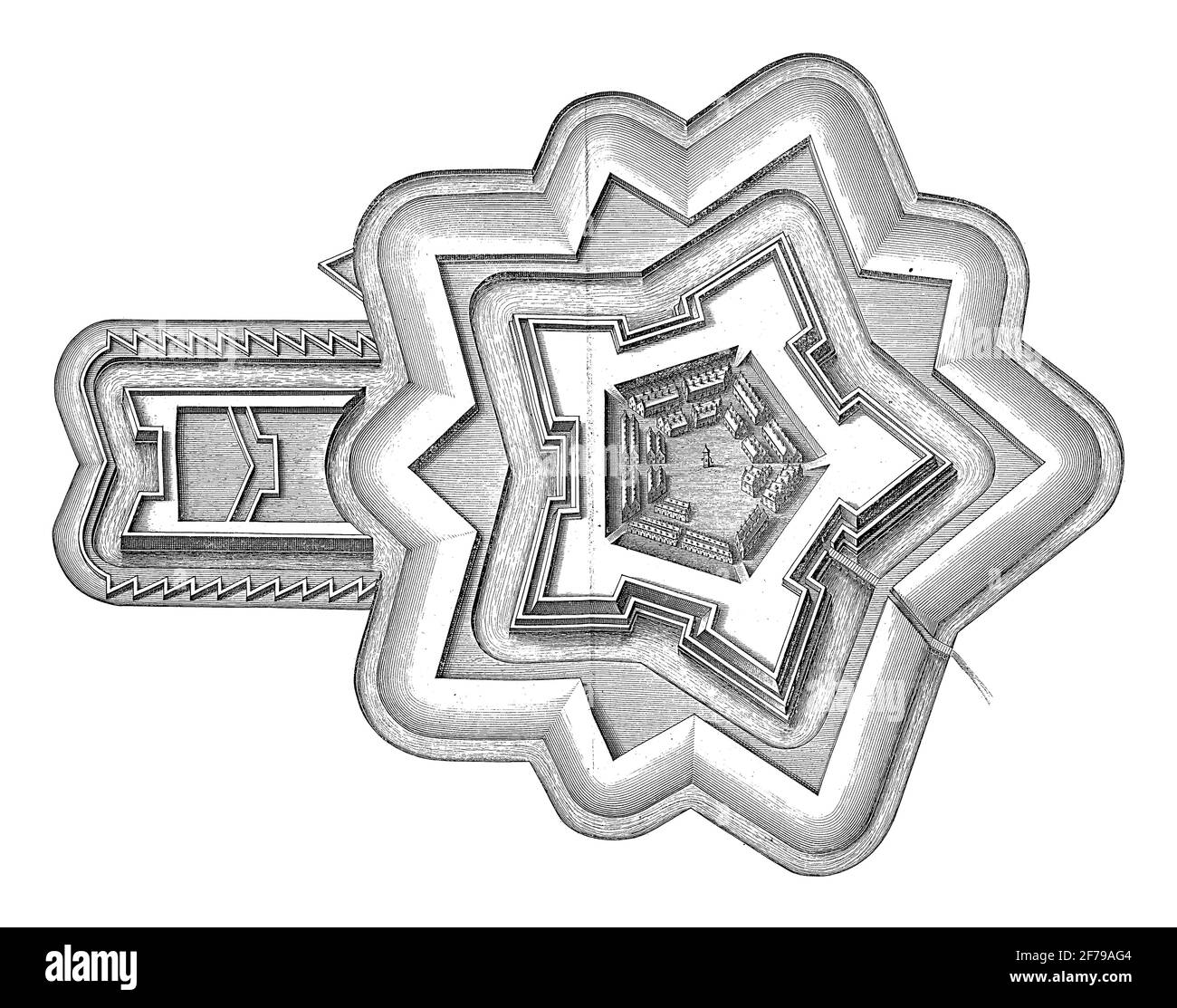 Grundriß von Fort Isabella. Eine spanische Festung außerhalb der Stadt, während der Belagerung durch die Staatsarmee unter Friedrich Henry, Vintage-Gravur. Stockfoto