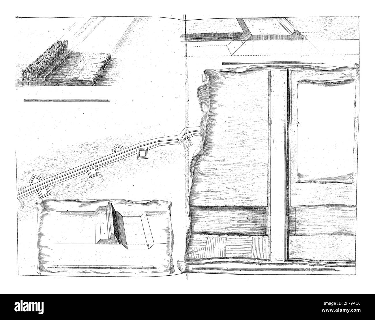 Querschnitte von verschiedenen niederländischen Zweifeln und Deichen, Vintage-Gravur. Stockfoto