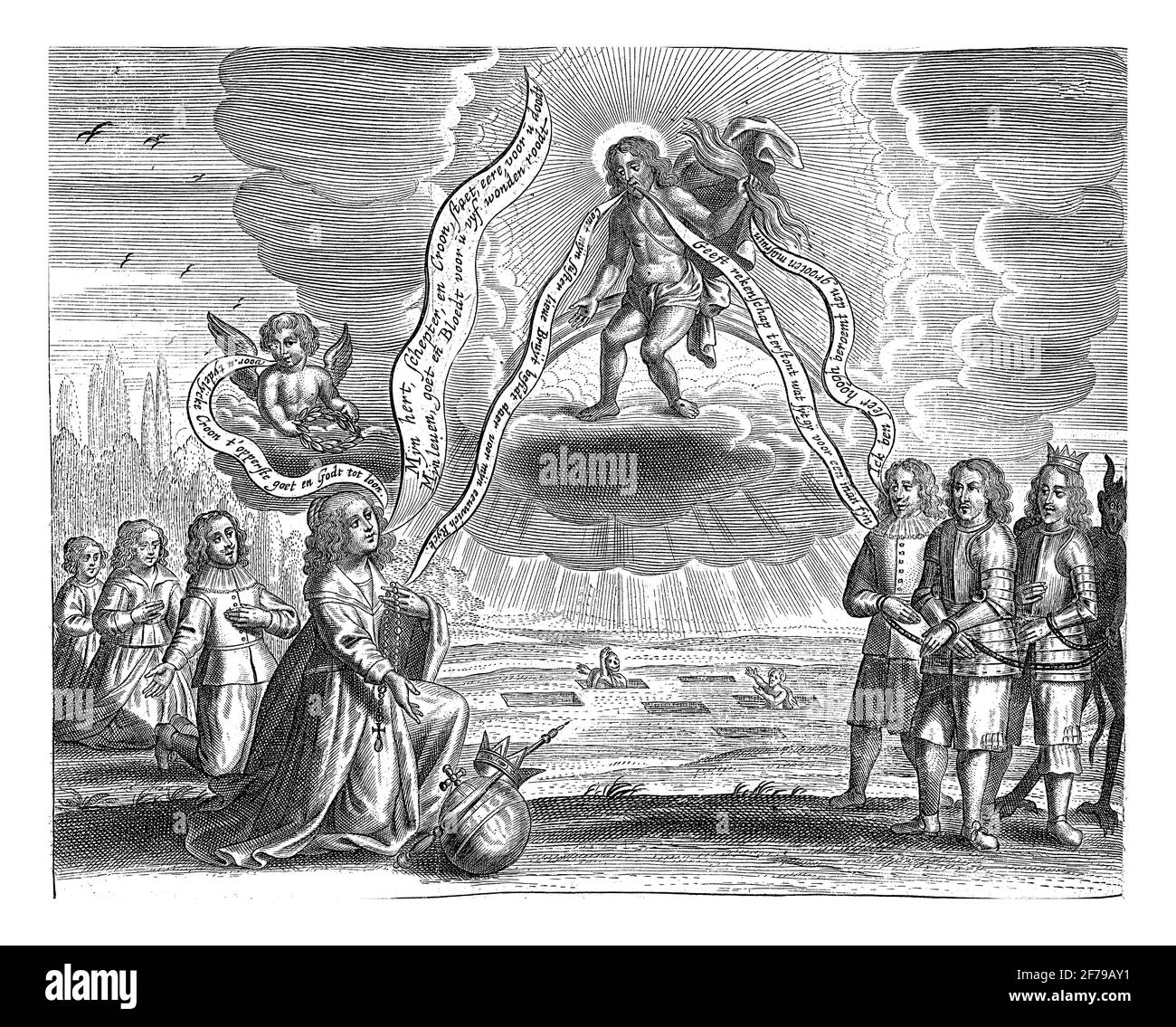 Karikatur zu Oliver Cromwell und Kardinal Mazarin, 1656, Vintage-Gravur. Stockfoto