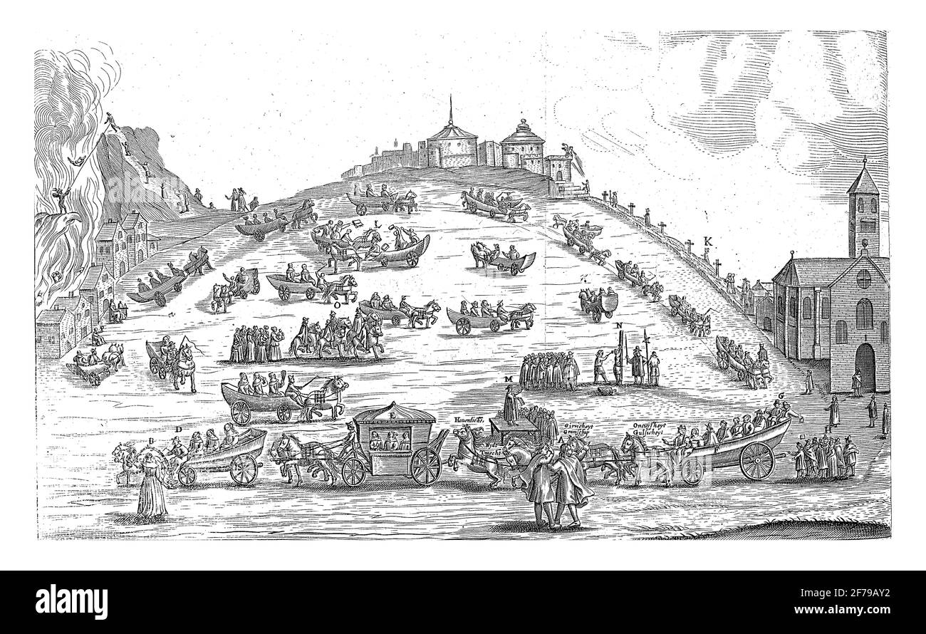 Karikatur auf die Protestanten, 1657. Feld mit Wagen aller Art von Protestanten und sündigen Konzepten, die die Kirche verlassen haben und über fahren Stockfoto