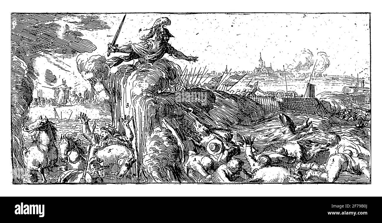 Niederländische Antwort auf die französische Karikatur die mutigen Batavier, 1673, Vintage-Gravur. Stockfoto