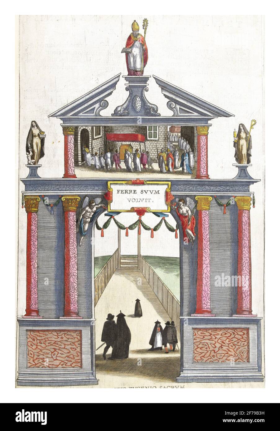 Kleines Triumphtor zu Ehren des Heiligen Eugen, 1599, Vintage-Gravur. Stockfoto