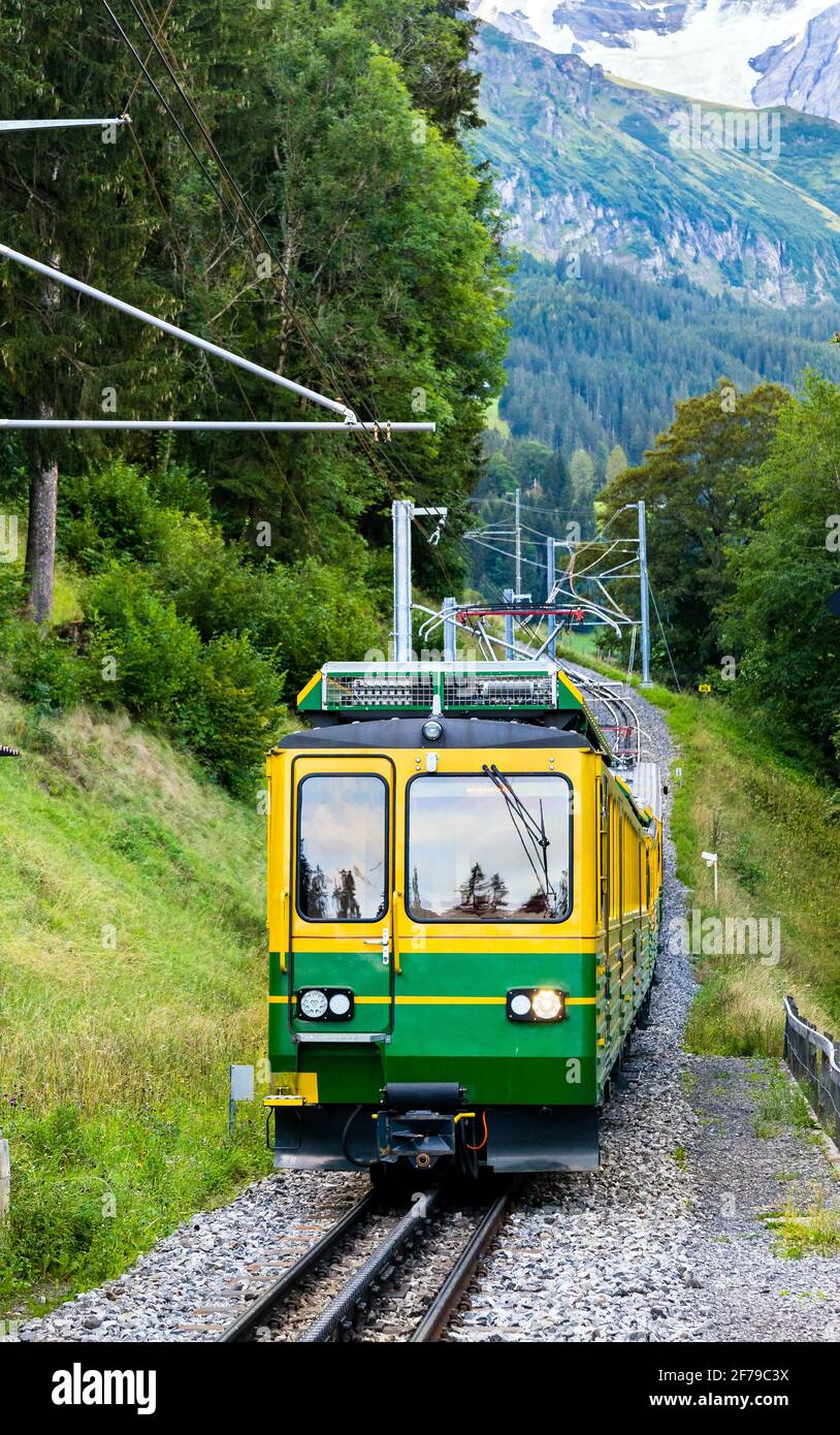 Zug auf der Wengernalp Bahn in Lauterbrunnen, Schweiz Stockfoto