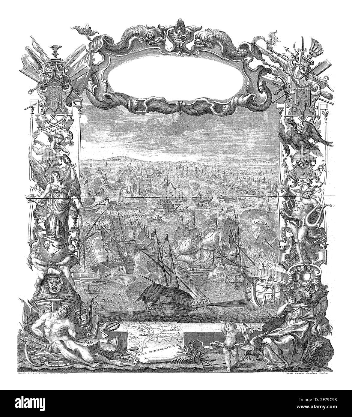 Schlacht von Malaga, 1704, Vintage-Gravur. Stockfoto