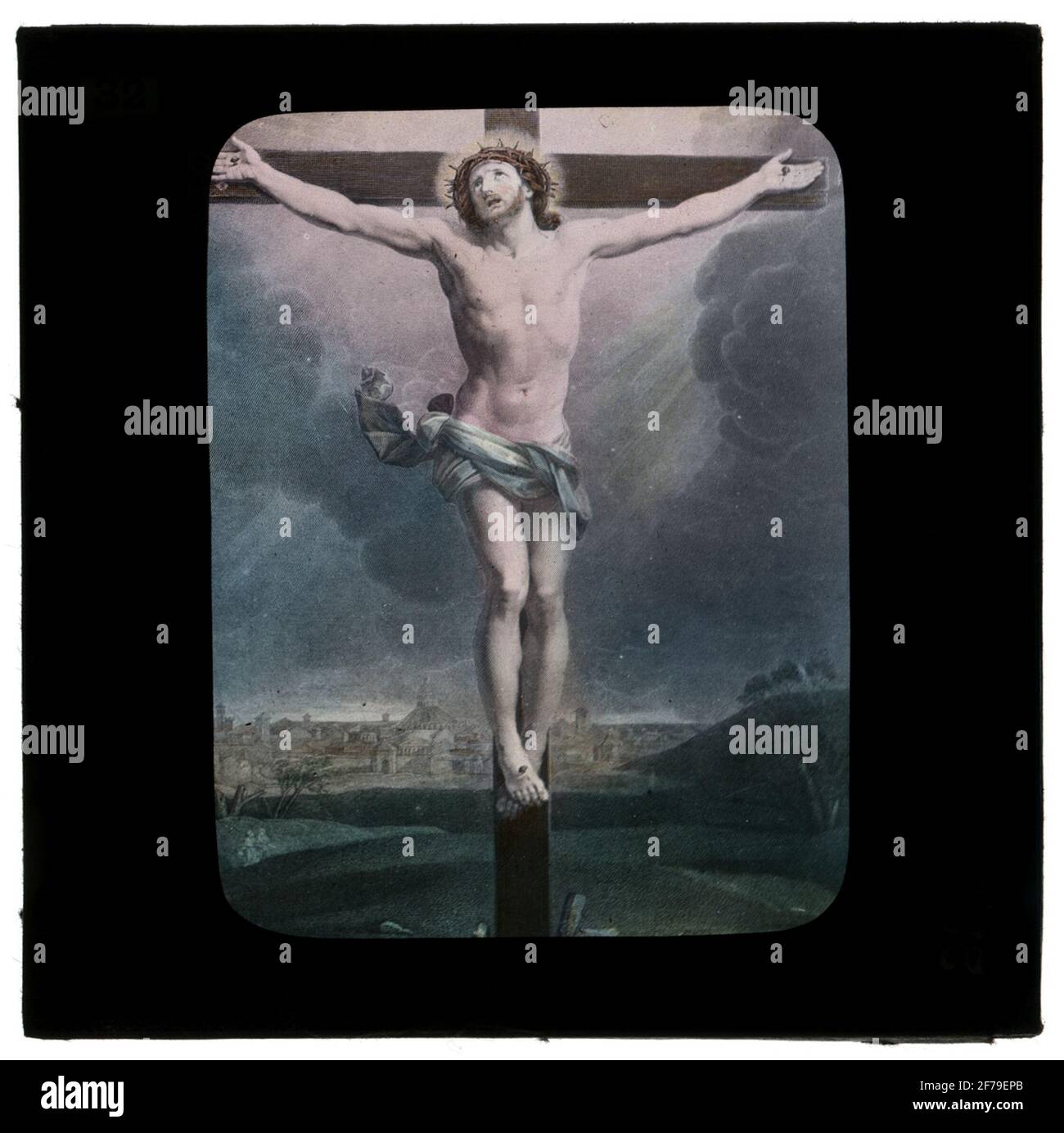 Farbbild des Glases für Skiat Icon / später Magica.Motiv von Jesus am Kreuz. Stockfoto