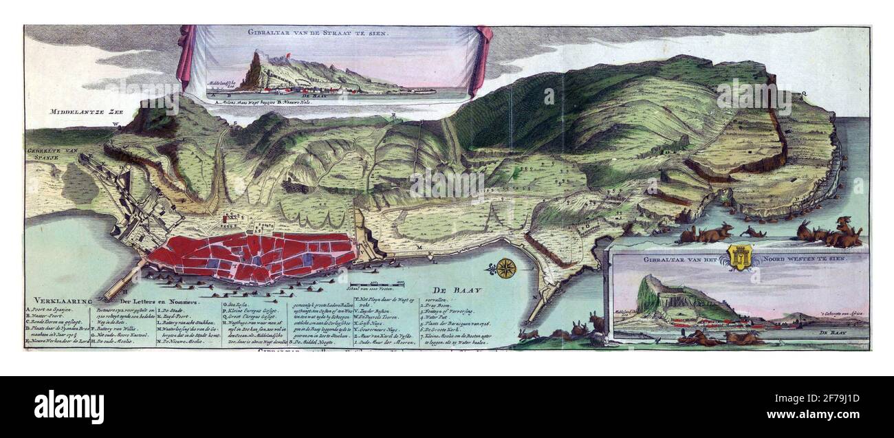 Ansicht von Gibraltar mit einer Stadtkarte, Vintage-Gravur. Stockfoto