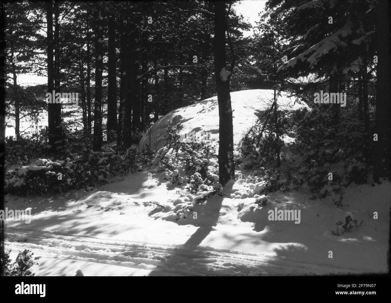 Dia Porto, Fensterbild mit Motiven aus Hedemora, evtl. aus Älvdalen. Schneebedeckte Waldstraße. Stockfoto