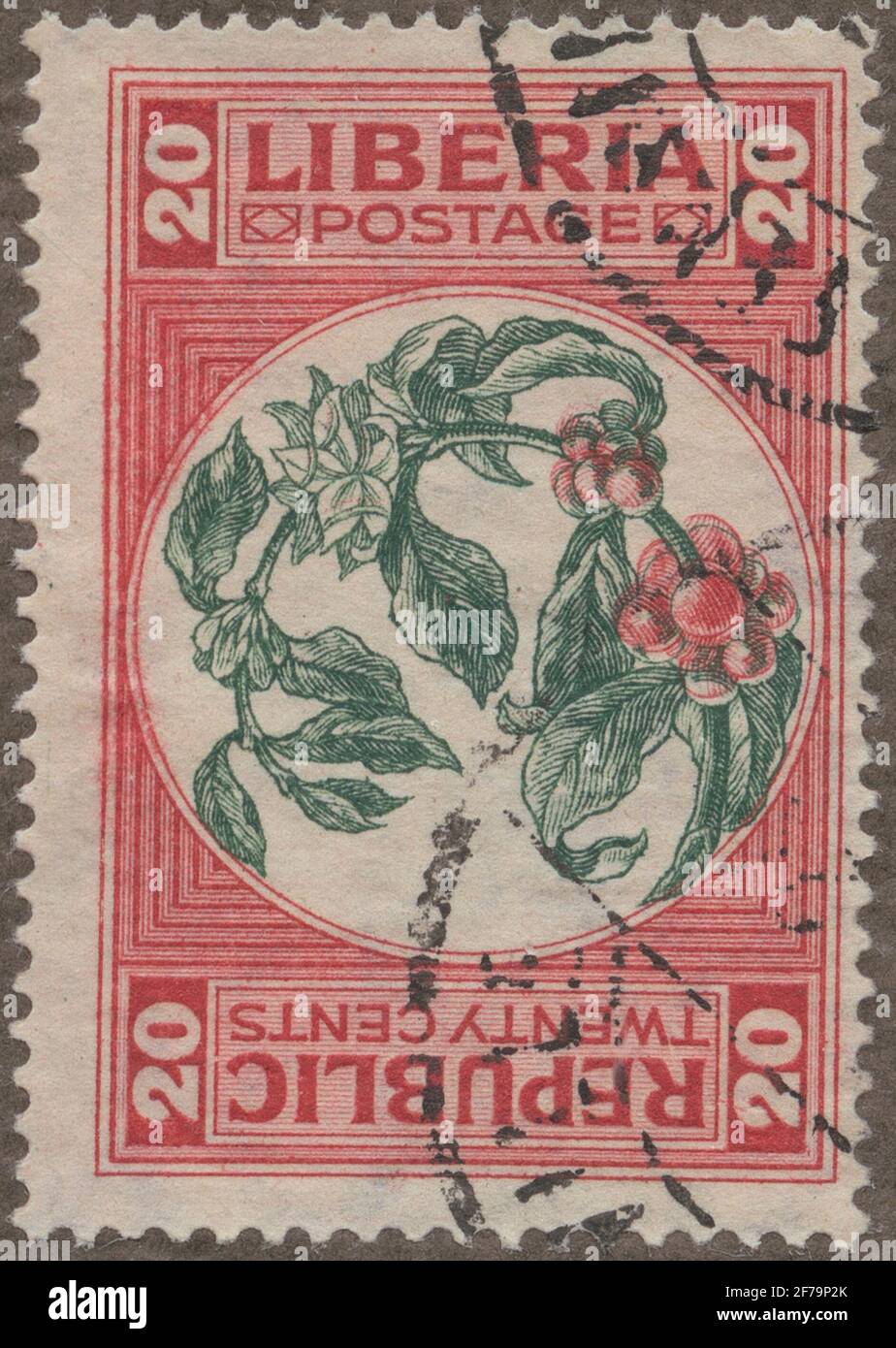 Die Briefmarke der Gösta Bodman's Philatelist Association, begann 1950, die Briefmarke aus Liberia, 1921. Bewegungen des Astes des Kaffeebusches. Stockfoto