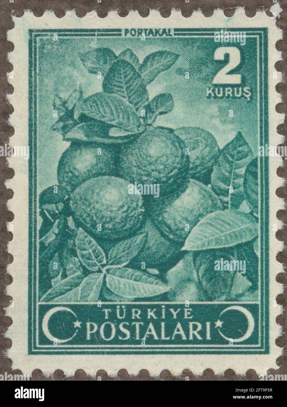 Briefmarke von Gösta Bodmans Philatelistenauftrag, begann 1950.die Briefmarke aus der Türkei, 1942. Bewegungen des Astes mit Orangen. Stockfoto