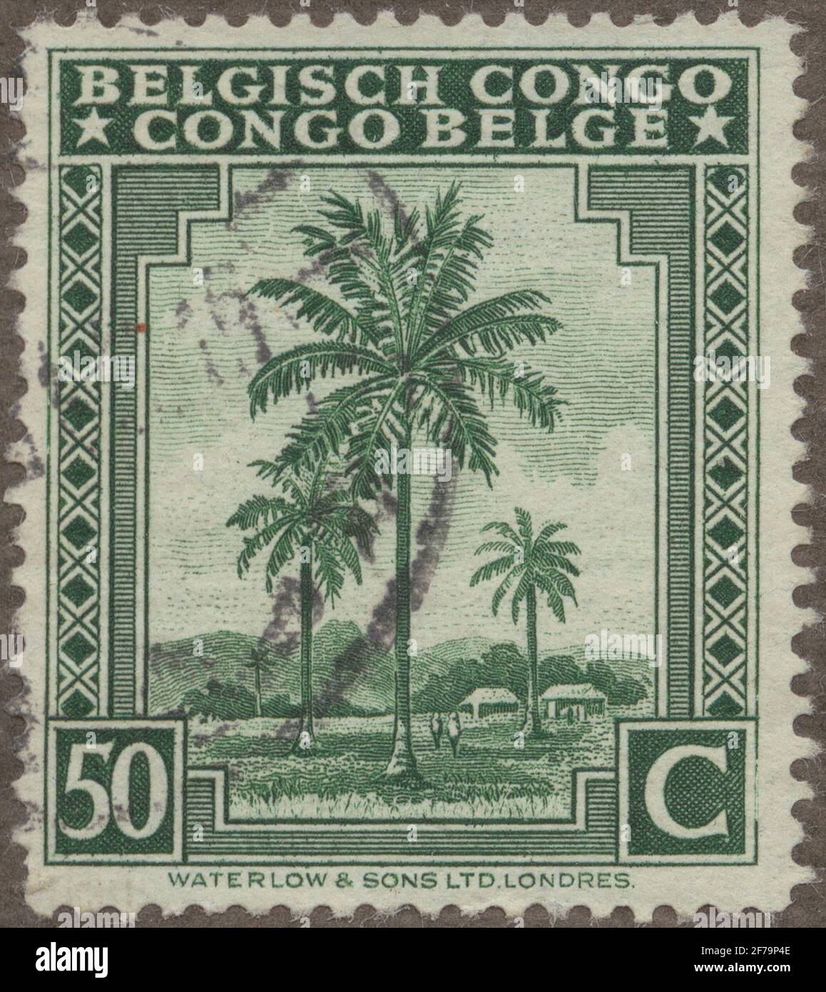 Stempel der Gösta Bodman's Philatelist Association, begann 1950.die Briefmarke aus dem belgischen Kondo, 1942. Motive von Kokospalmen. Stockfoto