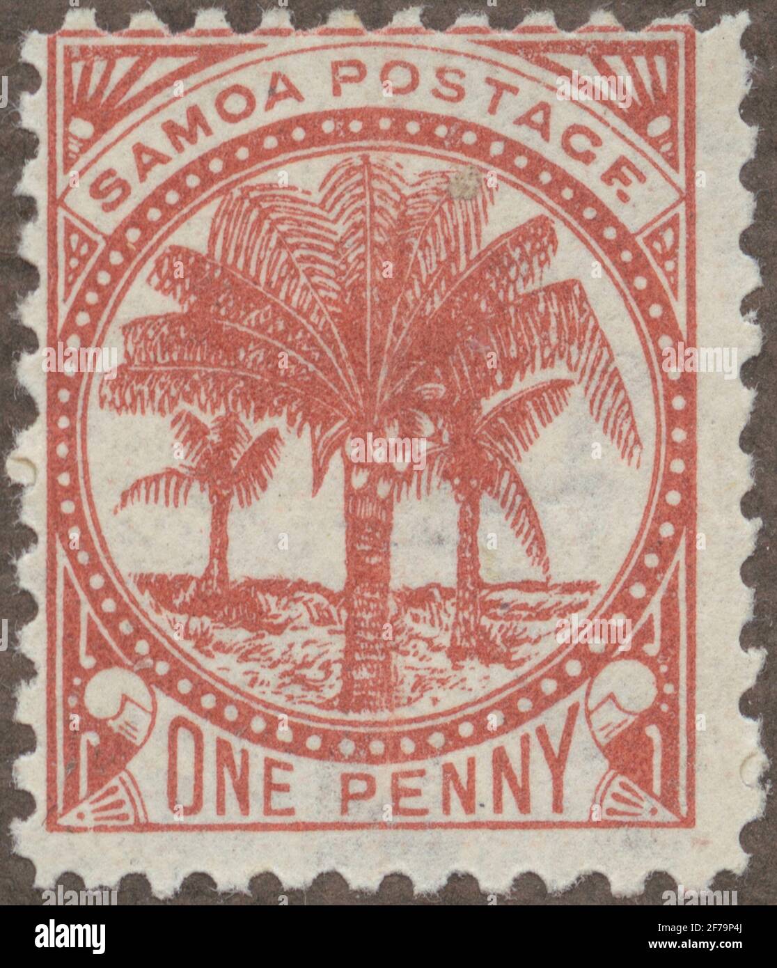 Die Briefmarke der philatelistischen Motivsammlung von Gösta Bodman begann 1950.die Briefmarke aus Samoa, 1899. Motive von Kokospalmen mit Früchten. Stockfoto