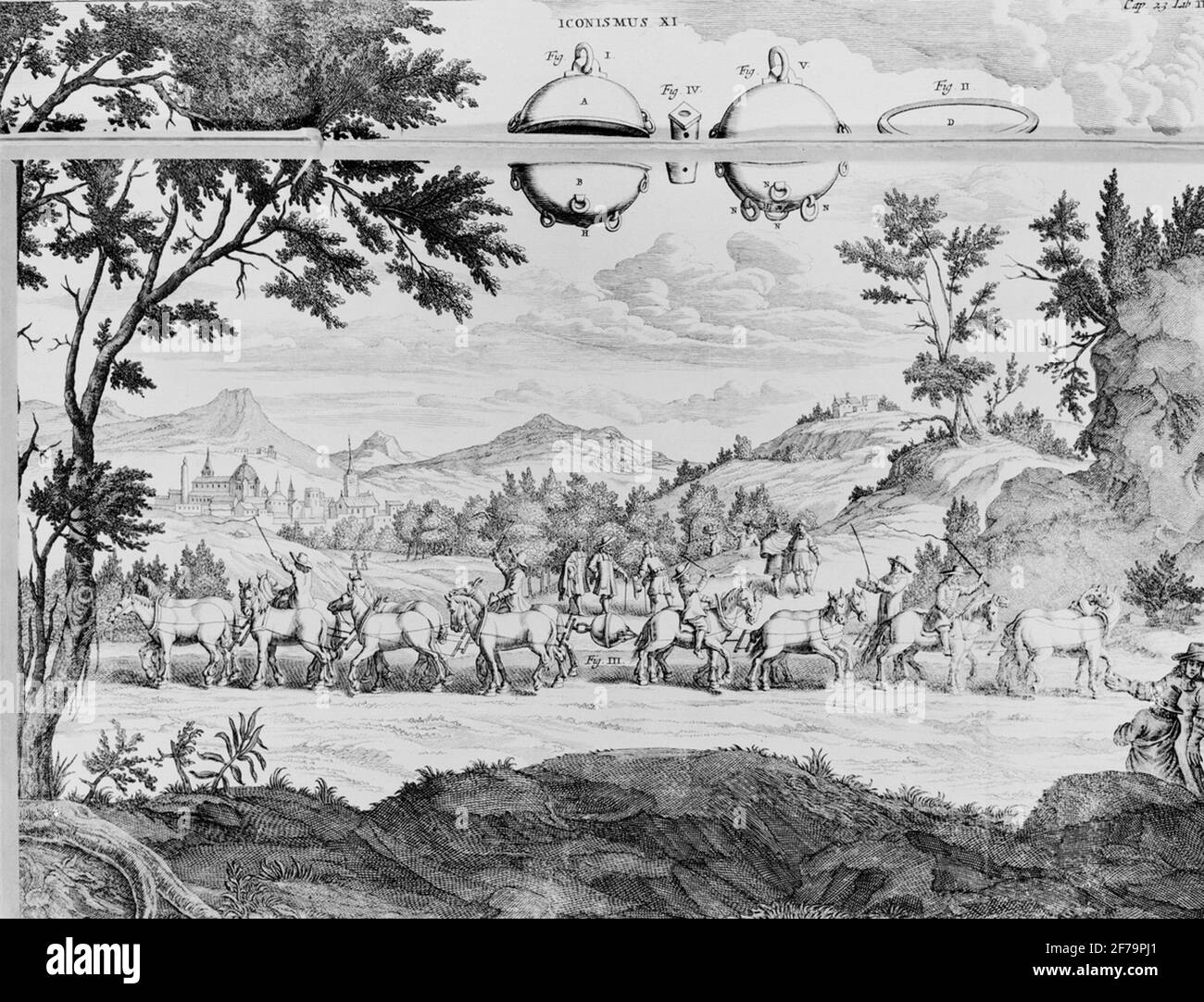 Detail der Kupferstich in Otto von Guerickes 'Experimenta Nova' 1672, zeigt Demonstration der Magdeburska Hemisphäre, mit vier Paaren von Pferden nach vora, jede Hemisphäre, um sie auseinander zu ziehen, dann wurde die Luft von der Guericke erfunden Luftpumpe entfernt. Stockfoto