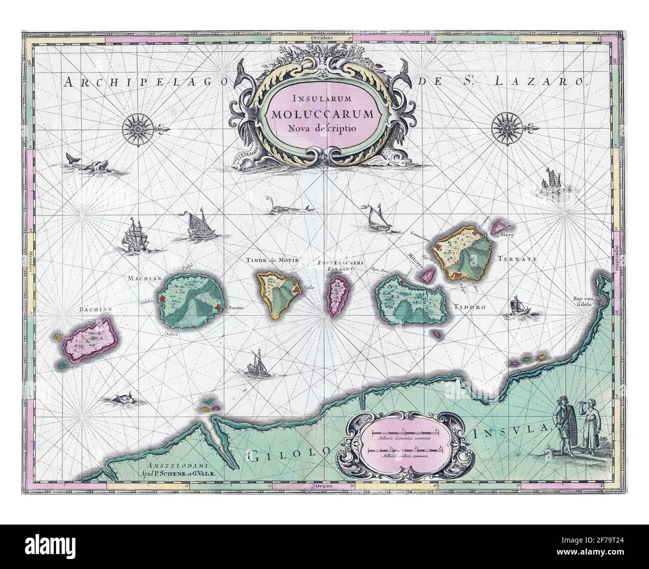 Karte der Nord-Molukken, Pieter Schenk, Vintage-Gravur. Stockfoto