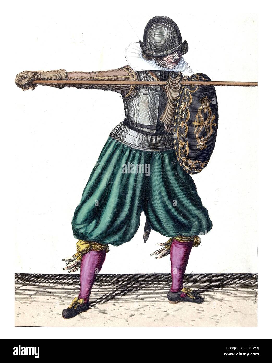 Die Übung mit Schild und Speer: Der Soldat bringt den Speer dreimal in Position, dritter Satz mit dem Speer geradeaus, vintage eng Stockfoto