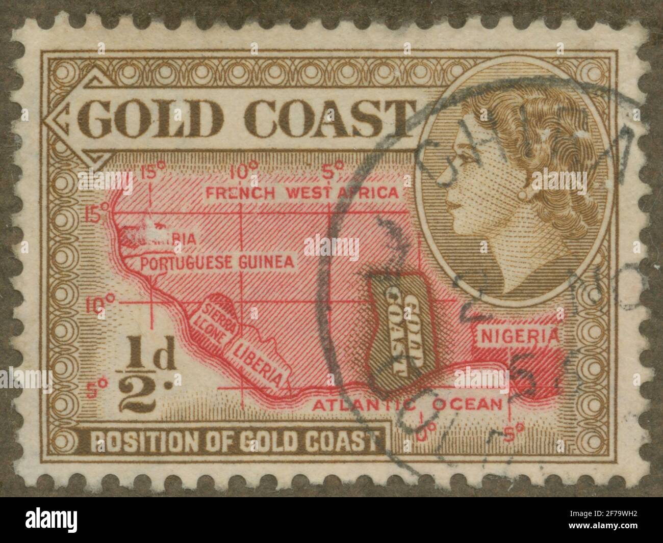Die Briefmarke der Gösta Bodman's Philatelist Association, begann 1950, die Briefmarke aus Britisch-Westafrika, Gold Coast, 1953. Karte von Westafrika mit Gold Coast. Stockfoto